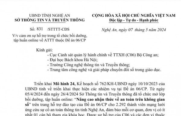 Sở Thông tin và Truyền thông tỉnh Nghệ An gửi công văn cảm ơn Đại học Bách khoa Hà Nội