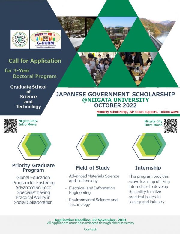 Information on Scholarship of Doctoral Degree at the Graduate School of Science and Technology, Niigata University, Japan