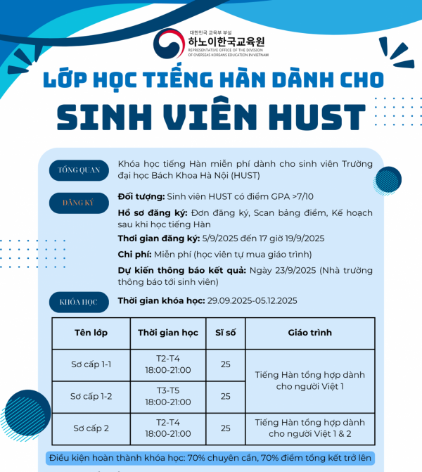 THÔNG BÁO KHÓA HỌC TIẾNG HÀN MIỄN PHÍ DÀNH CHO SINH VIÊN ĐẠI HỌC BÁCH KHOA HÀ NỘI – KHÓA 2