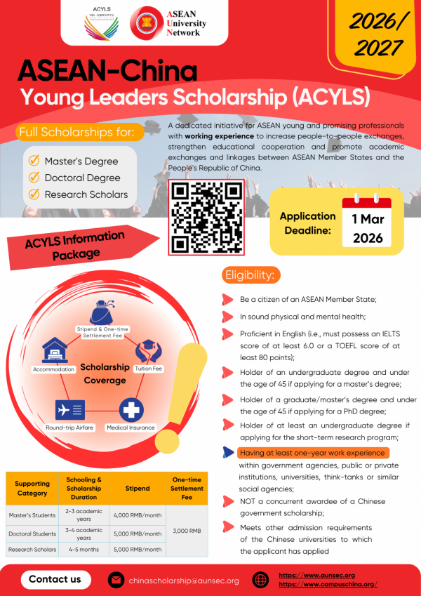 Thông báo Học bổng Asean-China Young Leaders Scholarship 2026/2027 – ACYLS tại Trung Quốc
