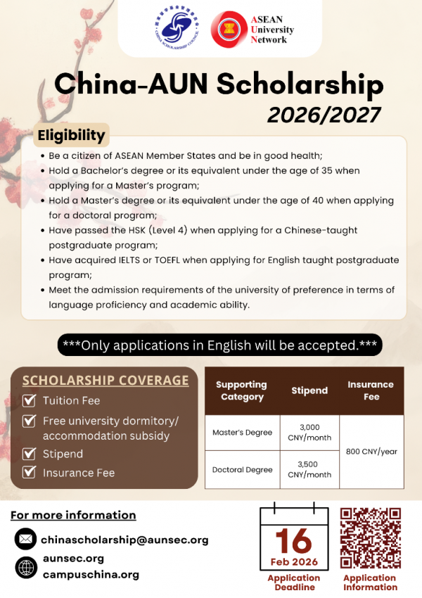 Thông báo Học bổng China-AUN Scholarship 2026/2027 tại Trung Quốc