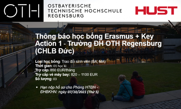 Thông báo học bổng Erasmus + Key Action 1 - Trường ĐH OTH Regensburg (CHLB Đức)