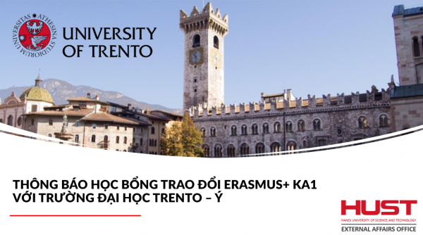 Thông báo học bổng trao đổi Erasmus+ KA1 với Trường Đại học Trento – Ý