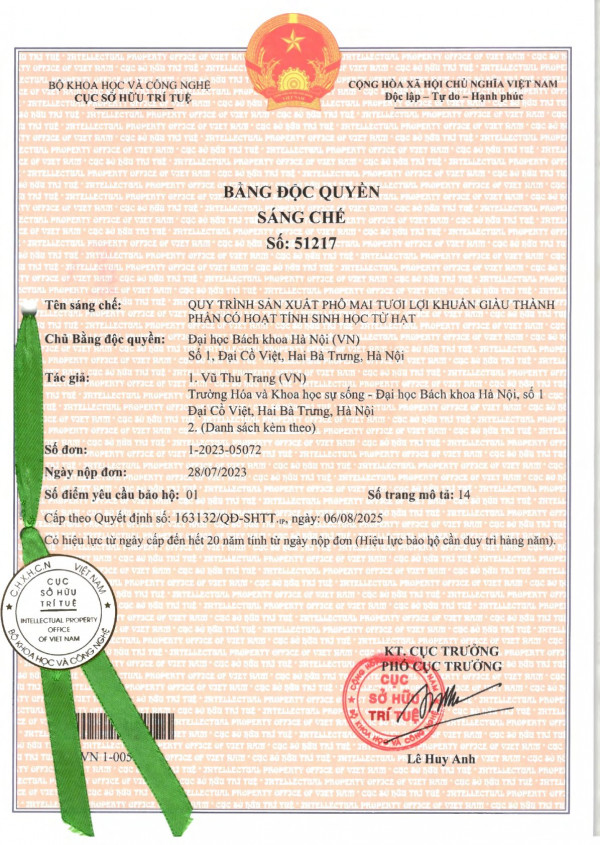 QUY TRÌNH SẢN XUẤT PHÔ MAI TƯƠI LỢI KHUẨN GIÀU THÀNH PHẦN CÓ HOẠT TÍNH SINH HỌC TỪ HẠT