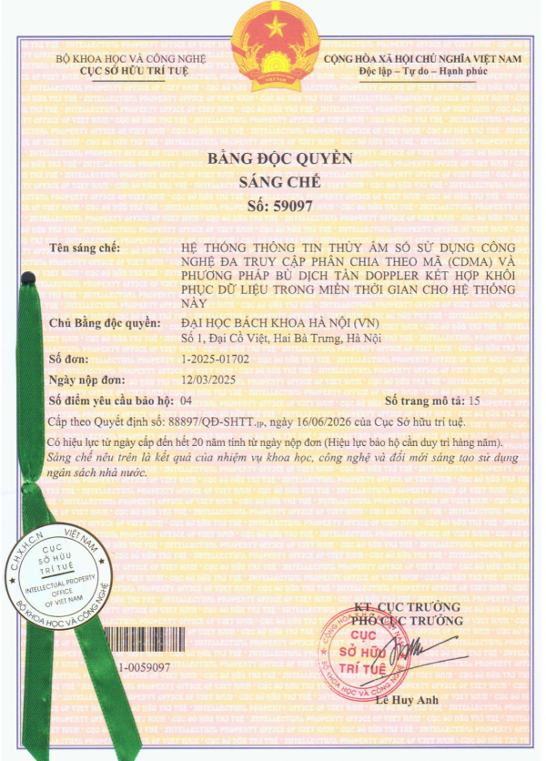 Hệ thống thông tin thủy âm số sử dụng công nghệ đa truy cập phân chia theo mã (CDMA) và phương pháp bù dịch tần Doppler kết hợp khôi phục dữ liệu trong miền thời gian cho hệ thống này