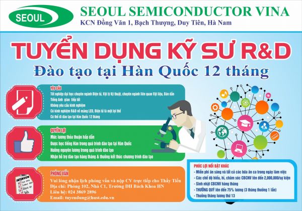 Công ty Seoul Semiconductor Vina tuyển dụng kỹ sư R&D đào tạo tại Hàn Quốc 12 tháng