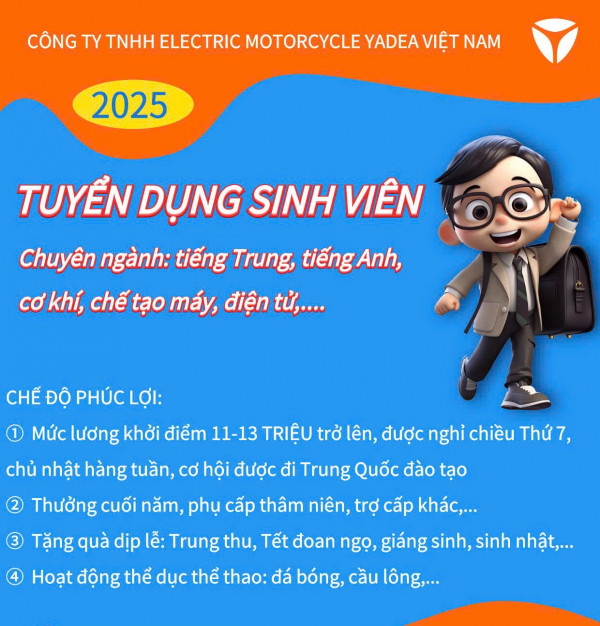 Công ty TNHH Electric Motorcycle Yadea Việt Nam tuyển dụng nhân sự