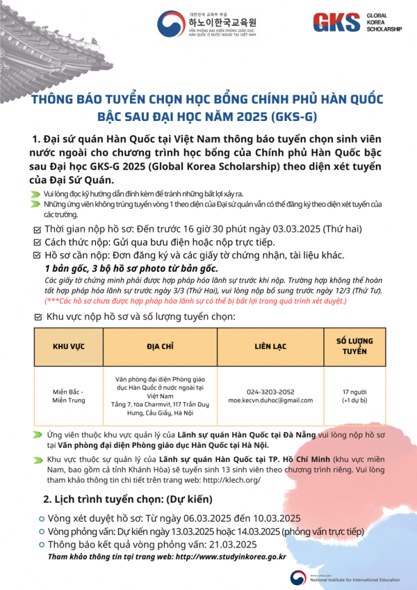 THÔNG BÁO HỌC BỔNG CHÍNH PHỦ HÀN QUỐC BẬC SAU ĐẠI HỌC NĂM 2025 (GKS-G)