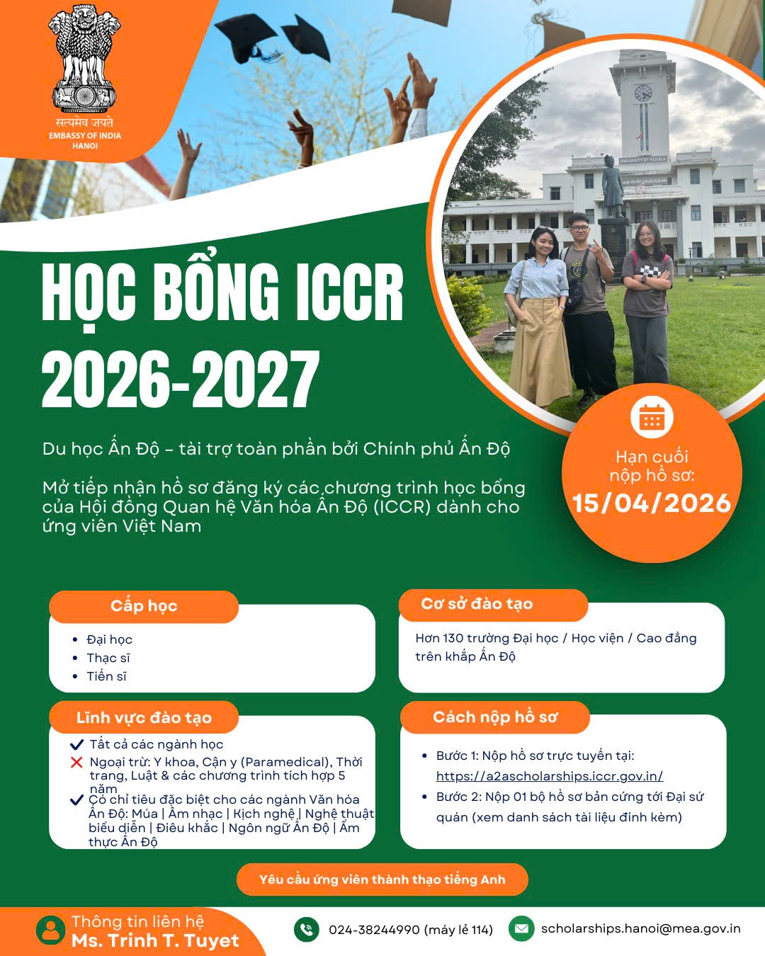 THÔNG BÁO HỌC BỔNG CHÍNH PHỦ ẤN ĐỘ (ICCR) NĂM HỌC 2026–2027