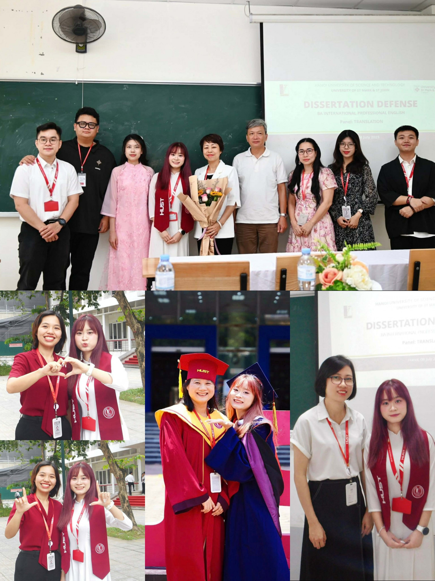 Minh Châu chụp ảnh lưu niệm cùng các thầy cô giáo Khoa Ngoại ngữ tại Lễ bảo vệ luận văn tốt nghiệp